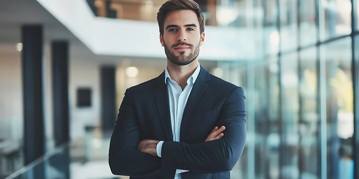 Male recruiter standing proudly in a corporate office, ready to assist job seekers