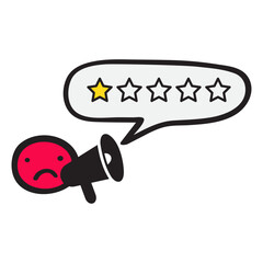 Red face with a megaphone yelling about the low rating. Poor service. Vector outline illustration on white background.