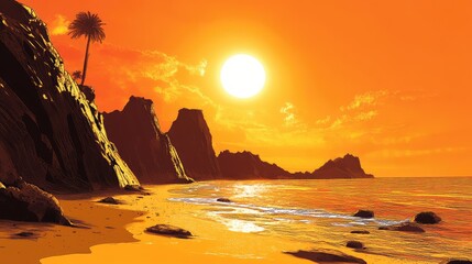 Stunning Sunset Over Tropical Beach with Cliffs and Palm Trees
