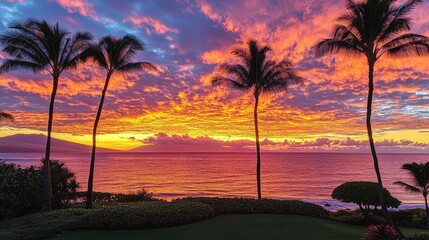 Obraz premium Vibrant Sunset Over the Ocean with Palm Trees Silhouetted in Maui