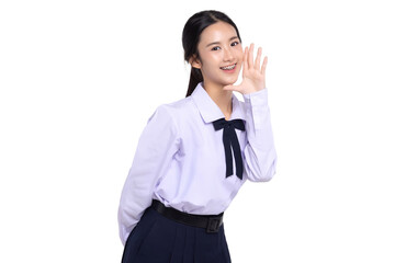 Portrait lovely Asian student girl in Thai school uniform opening mouse for attention for good news...