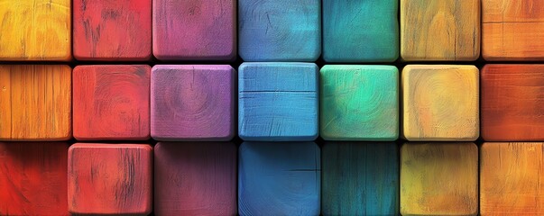 3D abstract geometric rainbowcolored wooden square cubes, textured wall design, vibrant colors blending with wood grain texture, highquality banner illustration, 4K wallpaper