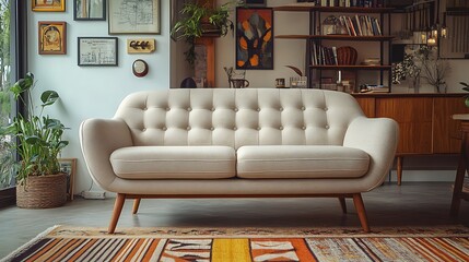 Beige Buttoned Sofa In Mid Century Modern Living Room