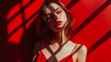 Naklejka premium Female model in an edgy red dress, posing boldly under spotlighting with sharp shadows, high contrast, advertisement photo