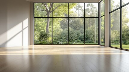 A tranquil empty room in a modern loft with wooden flooring, large windows to a garden, and minimalist design perfect for copy space