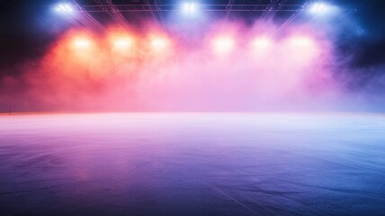 Fototapeta premium A dramatic stage scene with colorful lights illuminating a misty surface, creating an atmospheric and vibrant backdrop for performances.