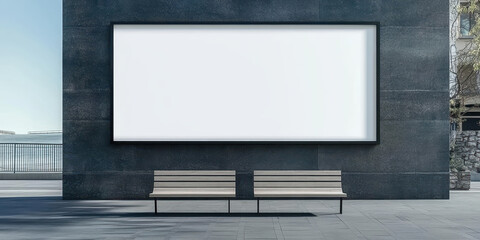 Blank billboard mockup on building with benches in city environment