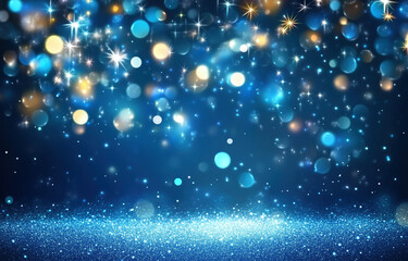 Abstract background with blue and silver glitter lights, stars, bokeh, and glowing confetti on a dark night sky. Abstract glittering light background with bokeh and confetti lights on a dark blue bg