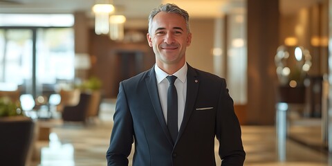 Portrait of a hotel manager standing in a hotel lobby with a welcoming expression