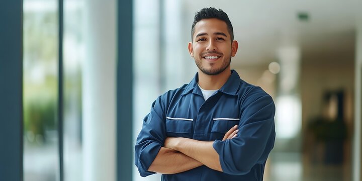 Portrait of a janitor standing proudly in a clean hallway, smiling