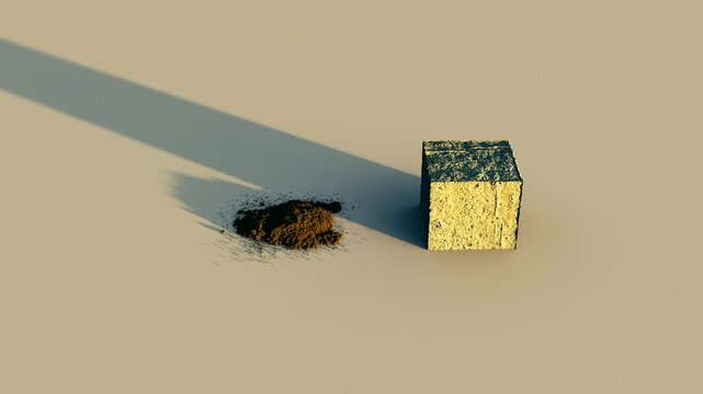 a jumping sand character. 3d animation of a jumping sand character. sand silhouette jumping from a cube. a character crushing into a pile of sand