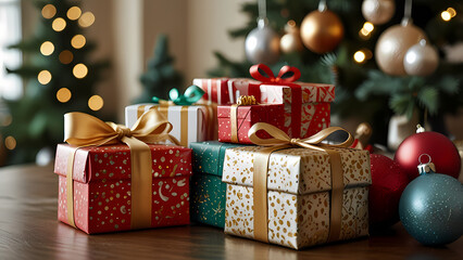 Christmas gift boxes neatly arranged in a festive setting