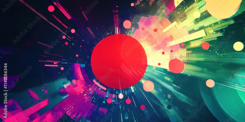Poster Colorful image of a red circle surrounded by many other circles