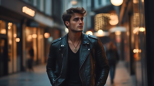 A male model wearing a leather jacket, walking down a city street on a crisp evening, confident pose
