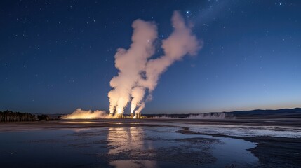 Obraz premium Steam Rising from Geothermal Power Plant at Twilight Near Water