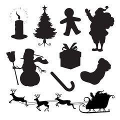 Set of christmas themed cartoon style black silhouettes - christmas tree, candle, gingerbread man, santa claus, sleigh with reindeer, present, christmas stocking, sugar cane and snowman