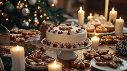 Naklejka premium 3. A holiday-themed table with gingerbread cookies, a decorated cake, and candles, creating a warm and inviting atmosphere.