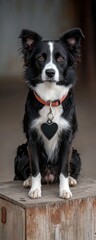 A black and white dog with a heart-shaped tag sits proudly on a wooden platform, showcasing its attentive expression and playful demeanor.