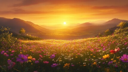 Obraz premium Vibrant Sunset Over a Colorful Meadow Filled with Wildflowers