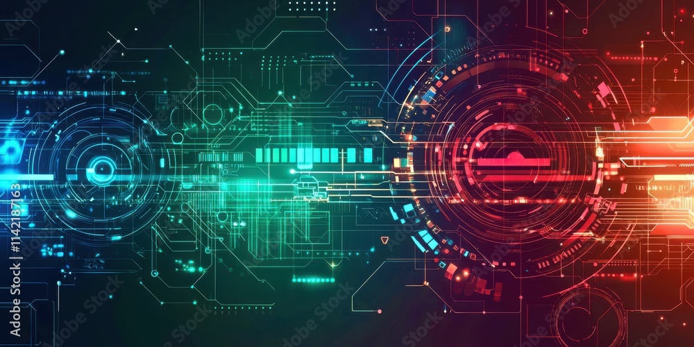 Poster Colorful image of a computer circuit board with many different colored circles