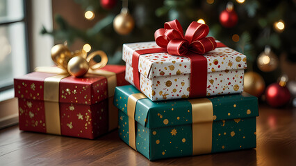 Christmas gift boxes neatly arranged in a festive setting