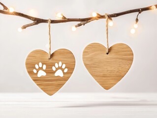 Two wooden heart ornaments hang from a twig, one featuring paw prints, softly illuminated by warm fairy lights.