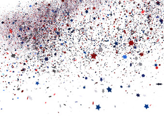 Festive background with confetti in the shape of stars in the color of the American flag. US independence day.