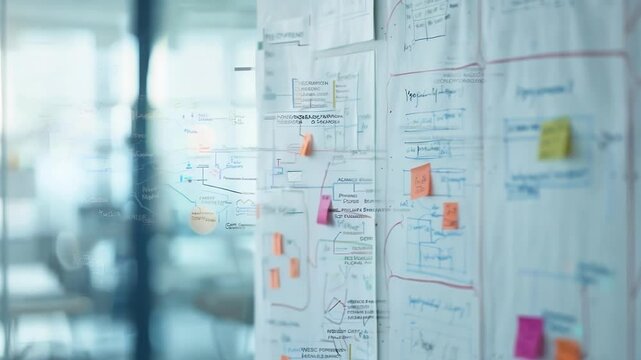 Glass wall reflects a whiteboard covered with a flowchart and sticky notes, suggesting a team of engineers or designers is brainstorming a new manufacturing process