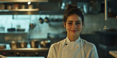 Fototapeta premium Portrait of a female chef standing confidently in a professional kitchen