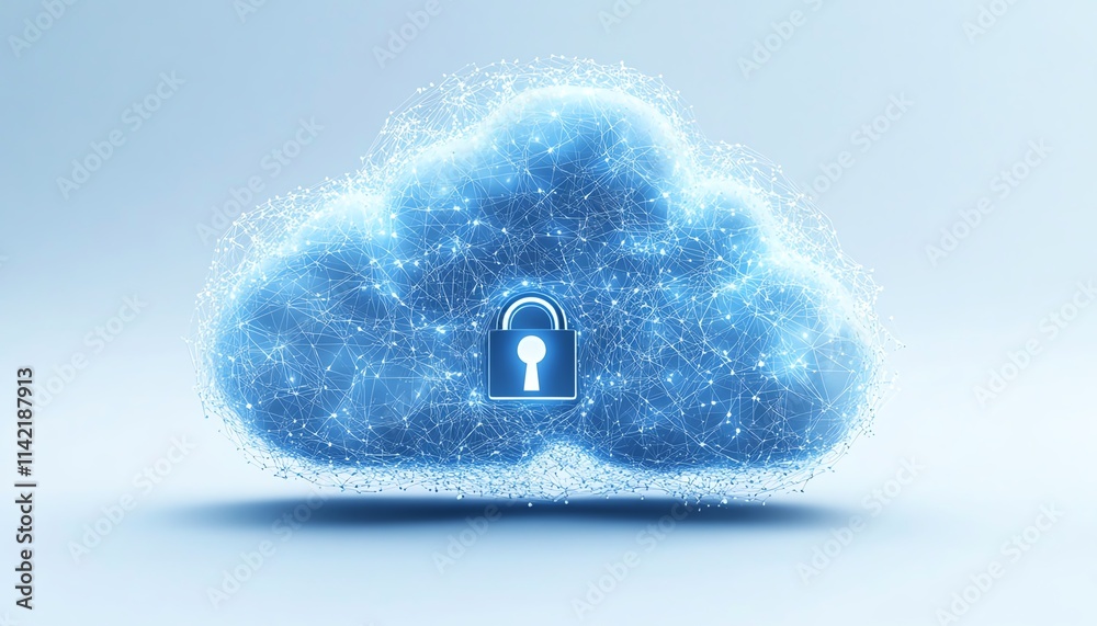 Poster diagram of cloud computing with secure network links, central lock symbol for cloud security, dynami