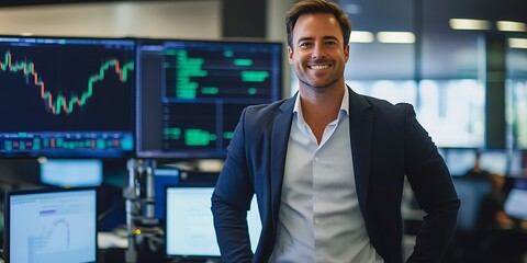 Portrait of a male financial analyst in a financial office, analyzing stock trends with copy space for business use