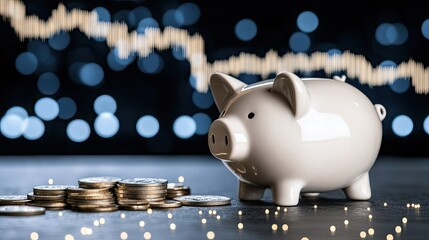 A piggy bank and scattered coins sit on a table, set against animated stock market charts, creating a financial vibe