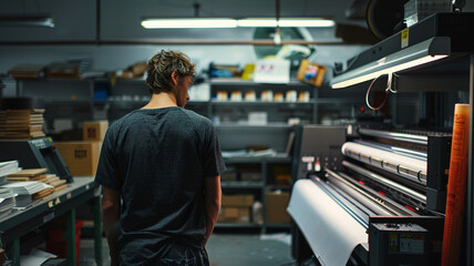 In a small print shop, a worker loads fresh paper into a commercial printer, preparing to print custom invitations for a special event with precision and care.