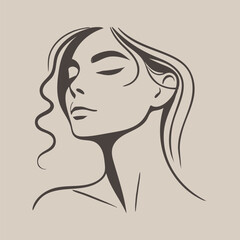 Minimalist line art of a serene woman with flowing hair, beige background