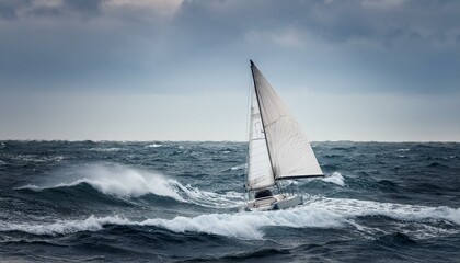 거대한 파도를 정면으로 마주하는 작고 단단한 돛단배