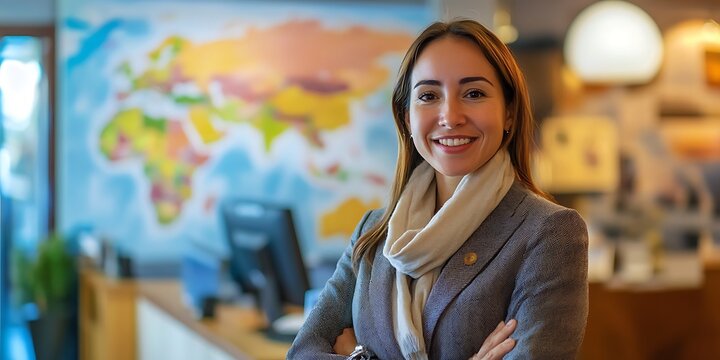 Travel agent standing confidently in a travel agency office, ready to assist clients