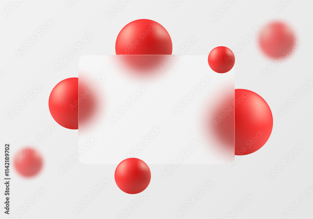Poster glass morphism website landing page template. glass partition background with floating red spheres.