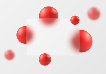Glass morphism website landing page template. Glass partition background with floating red spheres.