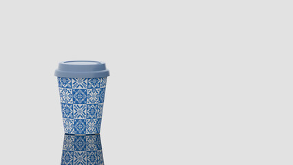 3D render - paper coffee cup with geometric Christmas pattern on mirror surface