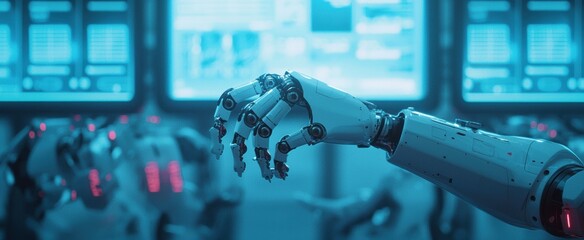 Futuristic Robotic Hand in Advanced Technology Lab with Monitors