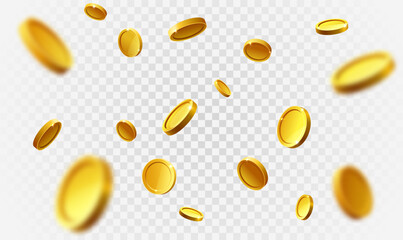Realistic gold coin. Explosion of gold coins