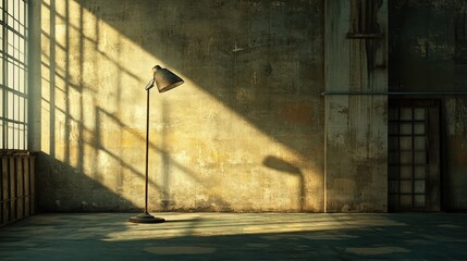 Industrial Room with Lamp and Dramatic Shadows on Wall