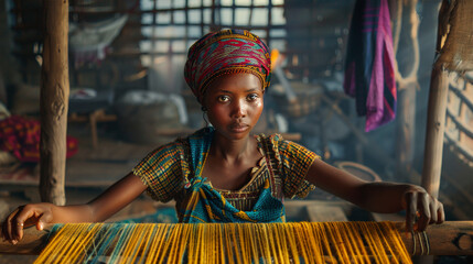 A young woman in Ethiopia weaves colorful patterns on a traditional loom; her skilled hands creating intricate designs that reflect her cultural heritage; a vital source of income for her family.
