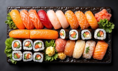 Colorful sushi platter arranged artistically