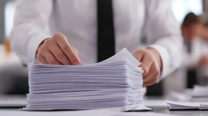 Professional Handling of Stacked Paperwork in Office Environment