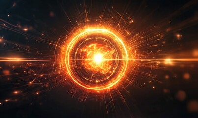 Obraz premium A glowing orange circular atom with light beams emanating from its core