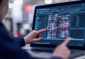 Detailed Circuit Design on Laptop Screen with Focused Finger Pointing