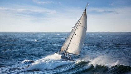 거대한 파도를 정면으로 마주하는 작고 단단한 돛단배