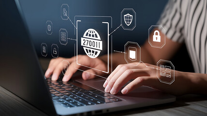 ISO 27001, ISO certification, ISO 27001 certified business, Information security management system. International Organization for Standardization. businessman doing ISO verification on a laptop