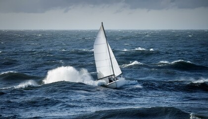 거대한 파도를 정면으로 마주하는 작고 단단한 돛단배